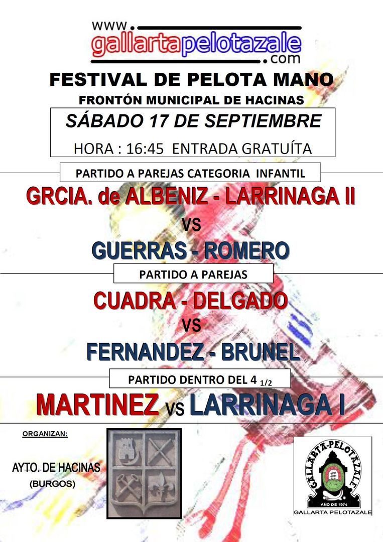 Festival de Pelota Mano el sábado 17 de Septiembre a las 17:00 horas en el frontón de Hacinas